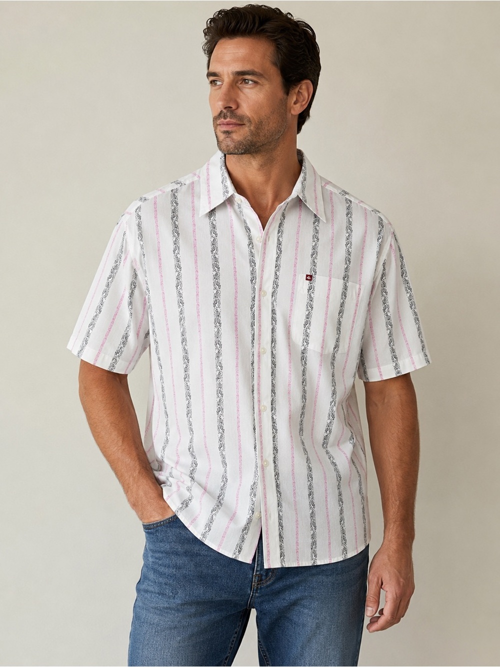 Quiksilver White Short-Sleeve Button-Down Shirt with Pink & Gray Stripes